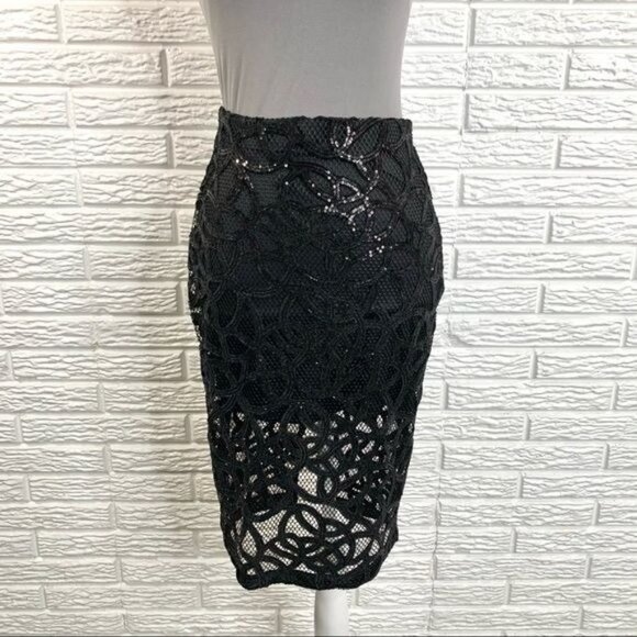 Express Black Sequined Lace Pencil Skirt Size 0 - Picture 2 of 7